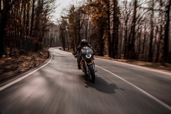 biker riding safely through the motorcycle_forest